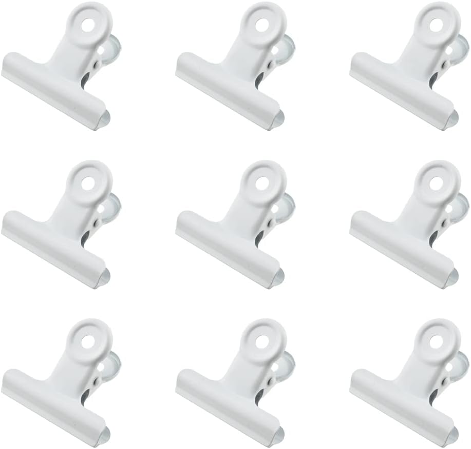 HAHIYO 2.5inch White Bulldog Clips Metal File Hinge Binder Clips Clamps Save Space Strong Spring Jaws Rock Solid Grip Book Lay Flat Deburred Edge for Hang Photos Wall Grid Dog Food 9PCS