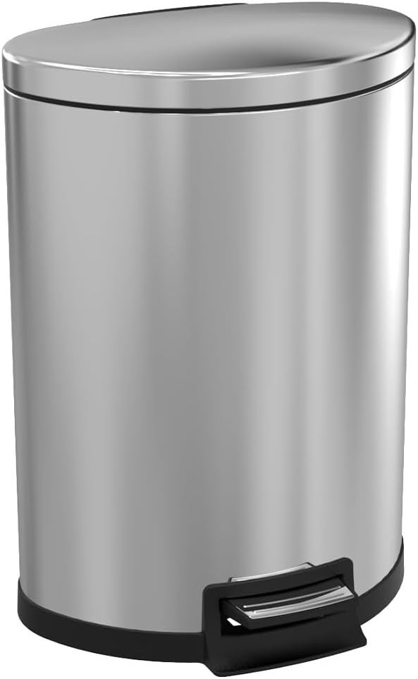 Kitchen Trash Can with Lid, 55 Liter/14.5 Gallon Semi Round Large Step Garbage Can, Soft Close Satin Stainless Steel Trash Bin for Bathroom Office