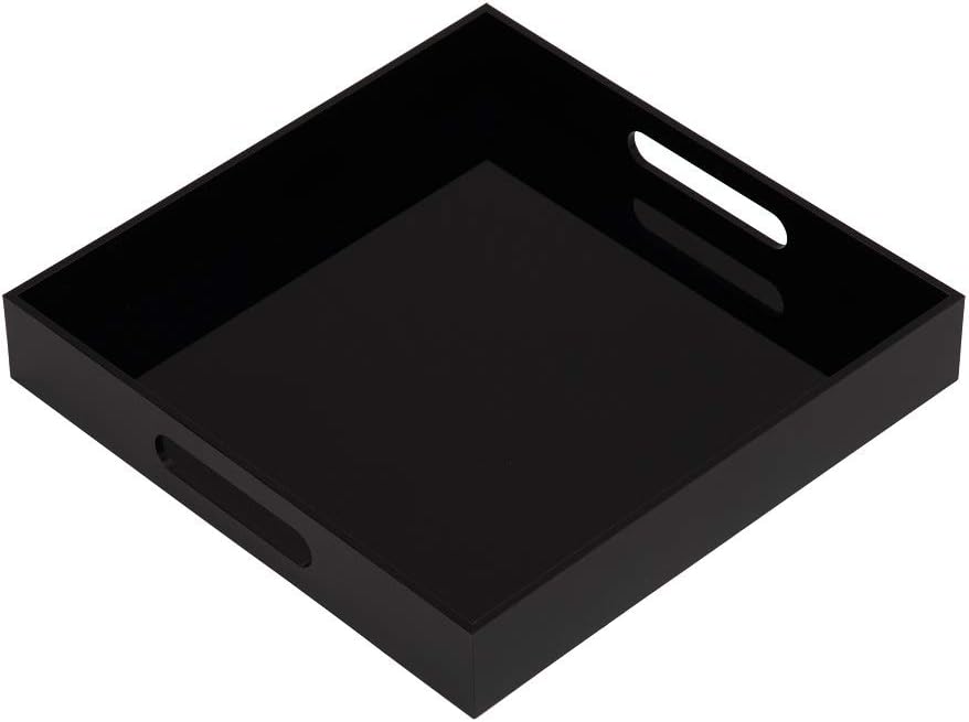 Glossy Black Sturdy Acrylic Serving Tray with Handles - 12x12 Inch Multipurpose Tray for Coffee, Appetizers, Breakfast, and More