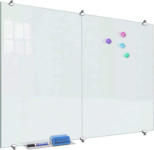 2-in-1 Magnetic Glass White Board 60'' x 48'' Extra Large Splicing Tempered Glass Whiteboard, 4' x 5' Frameless Big Glass Dry Erase White Board for Wall, Office, Home