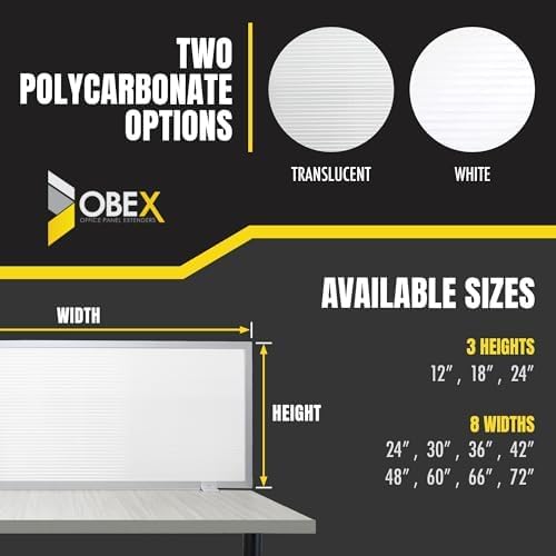 OBEX Polycarbonate Office Desk Mounted Privacy Screen Adjustable Table Top Panel Divider, Universal Aluminum Bracket-USA Made, 18" x 36", White