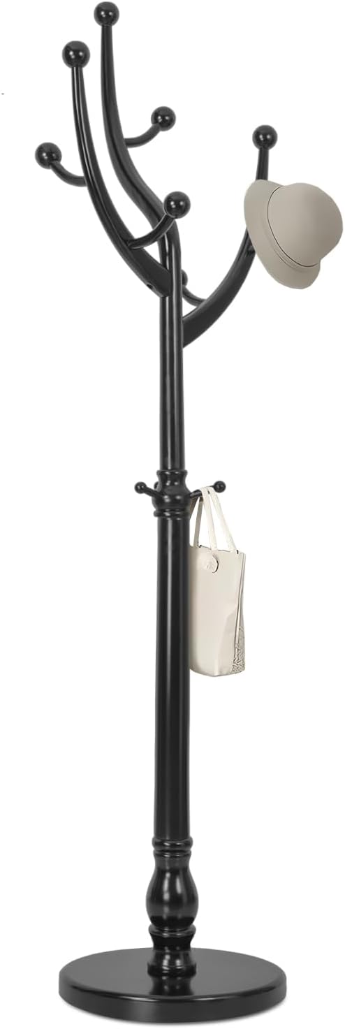 Wood Coat Rack Coat Tree Freestanding with Hooks, Heavy Duty Standing Coat Rack with Solid Round Base, 74” Tree Shaped Coat Hanger Stand for Clothes, Hat, Jacket, Entryway Bedroom, Balck