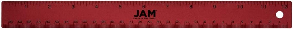 JAM PAPER Strong Aluminum Ruler - 12 Inch - Metal Ruler with Non-Skid Cork Backing - Red Metallic - Sold Individually