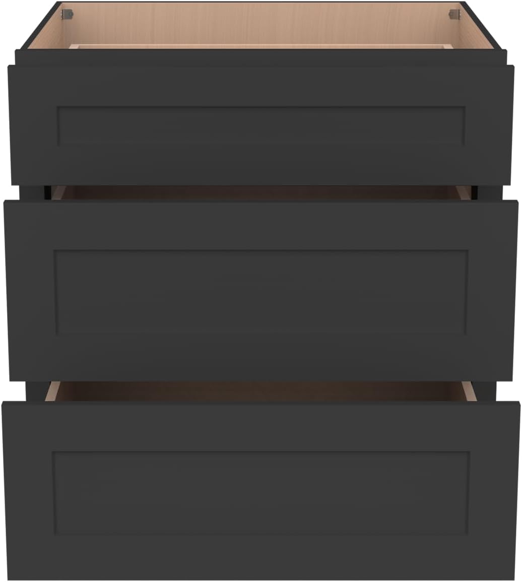 Shaker Style Charcoal Black RTA Base Cabinet with Drawers- Solid Wood 3-Drawer Design with Soft Close, 21" W x 24" D x 34.5" H, Perfect for Standalone Use or Kitchen Cabinet Combinations