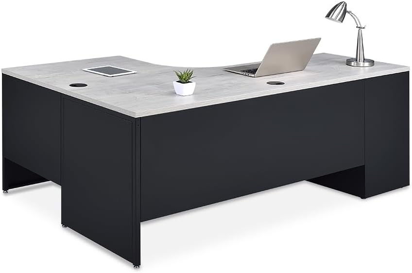 NBF L-Shaped Executive Office Desk - Durable Laminate Computer Desk with 3 Drawers Pedestal - Modern Desk with Storage and File Cabinet - 72" W x 48" D Office Work Desk, Oak