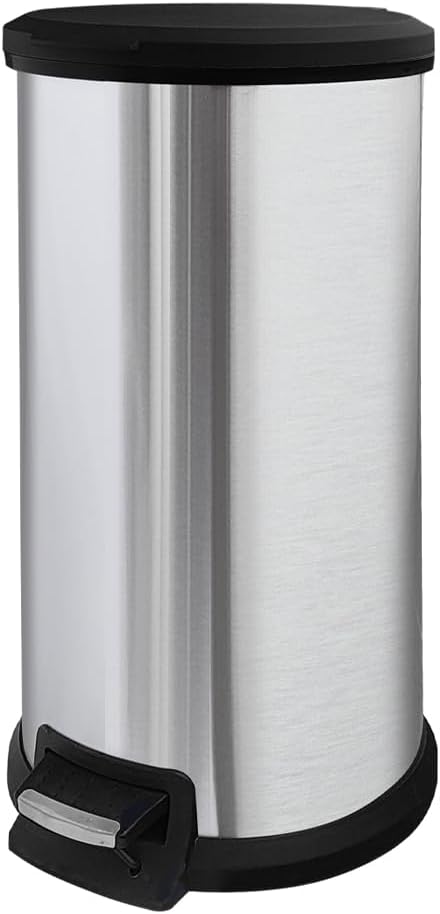 10 Gallon Stainless Steel Trash Can – Round Tall Design, Hands-Free Pedal, Liner-Free with Inner Ring Bag Holder, Rust-Proof for Kitchen, Office, or Bathroom (12.8" x 13.6" x 24")