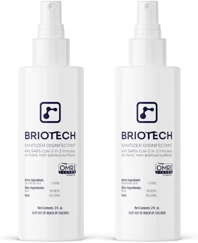 BRIOTECH Sanitizer Disinfectant Hypochlorous Spray, Kill 99.99% of Viruses & Bacteria, Control Mold, Eliminate Odor, Gentle for Nurseries, Food Contact Surface Sanitizer, 2 fl oz Travel Size (2 Pack)
