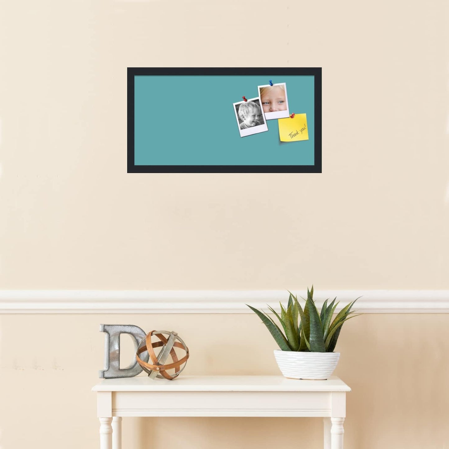 PinPix 24x12 Inch Cork Bulletin Board. This Decorative Framed Pin Board Comes with Aqua Pastel Design and a Satin Black Frame. Ideal for Home Office Decor or Message Board (PinPix-1806)