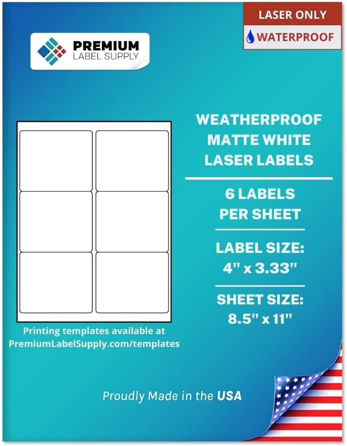 Premium Label Supply Waterproof Matte White Sticker Labels – 4" x 3.33" – Laser Printers Only – (6 per Sheet), 25 Sheets - 150 Total Adhesive Labels