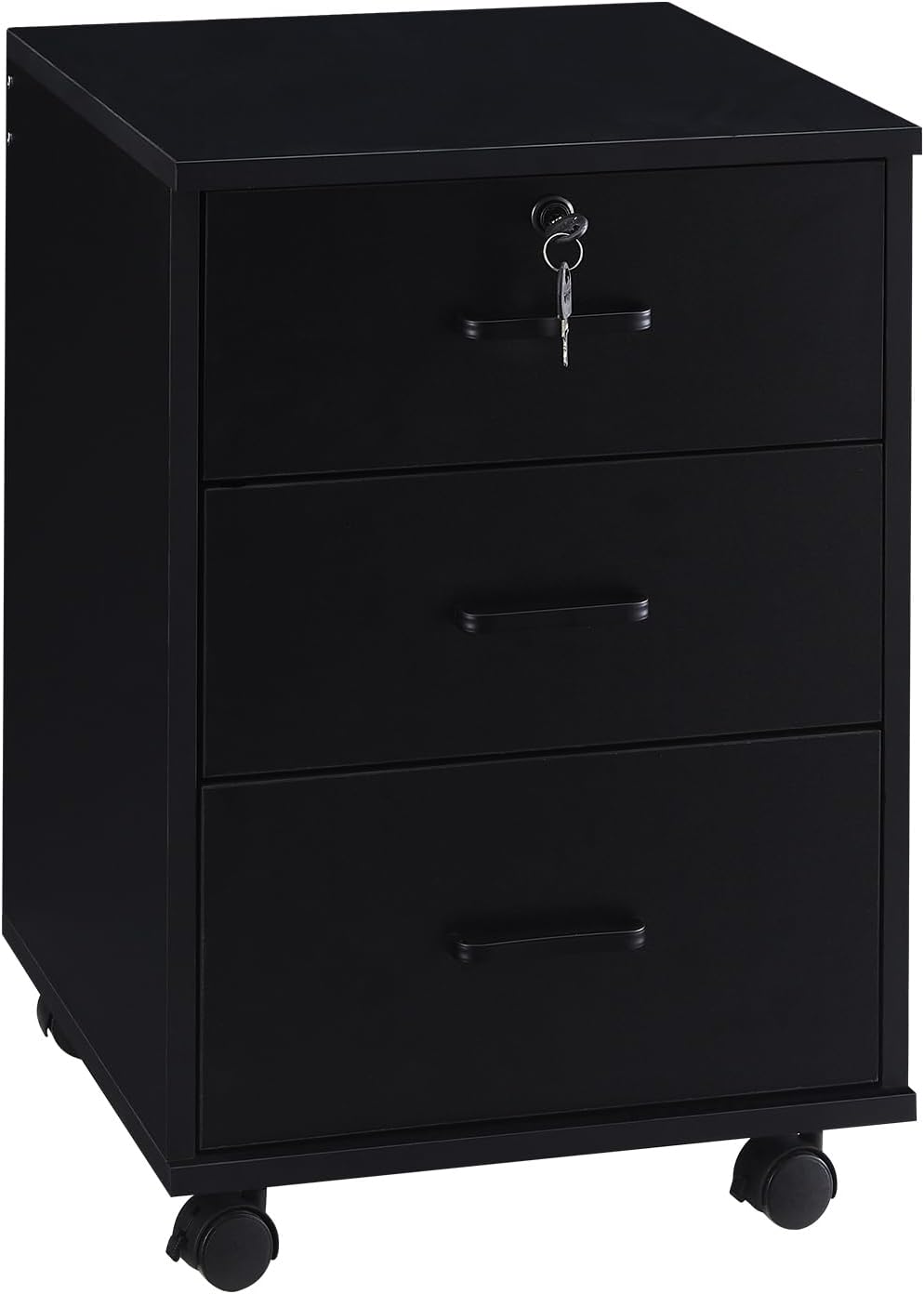 TUKAILAi Mobile File Cabinet with 3 Drawers, Lockable Storage Unit Wooden Rolling Office Filing Cabinet with Wheels, for Legal/Letter/A4 Sized Documents Home Office (Black 1PCS)