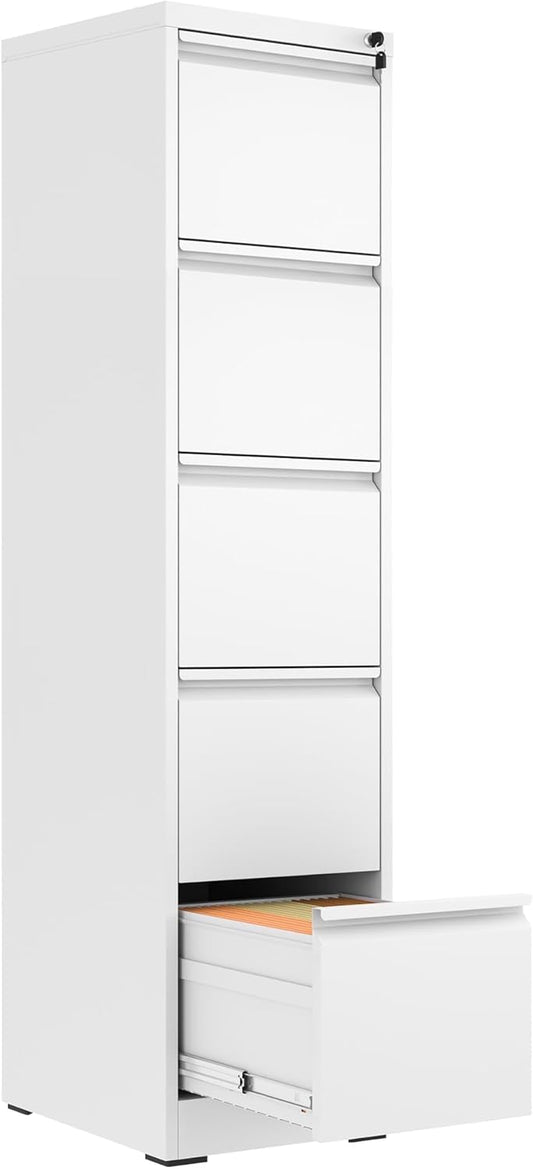 5 Drawer File Cabinet with Lock,Metal Vertical Filing Cabinets for Home Office,Heavy Duty File Storage Cabinet for Letter/Legal/A4/F4 Size File,Assembly Require (White, Vertical 5 Drawer)