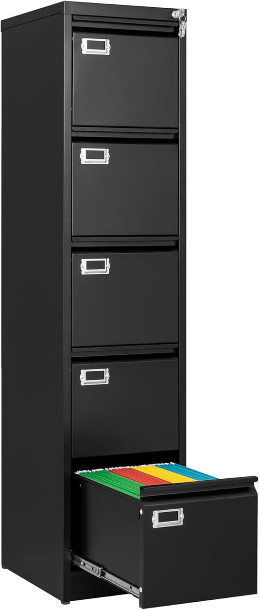 File Cabinets - 5 Drawers Vertical 17.8" Deep Lockable Filing Cabinet - Black & Gray Metal Storage Cabinets for Home Office to Hanging Files Letter/Legal/F4/A4 Size