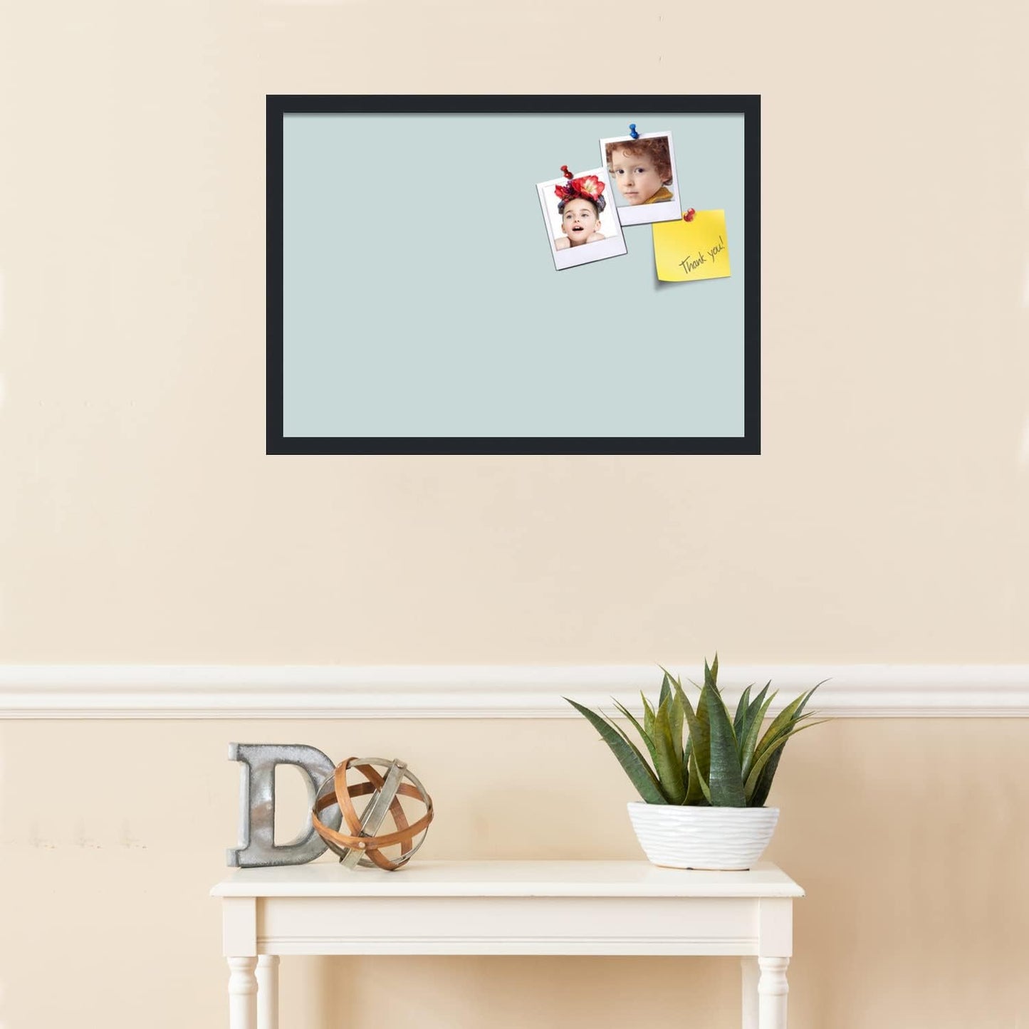 PinPix 27x19 Inch Cork Bulletin Board. This Decorative Framed Pin Board Comes with Soft Blue Design and a Satin Black Frame. Ideal for Home Office Decor or Message Board (PinPix-1814)