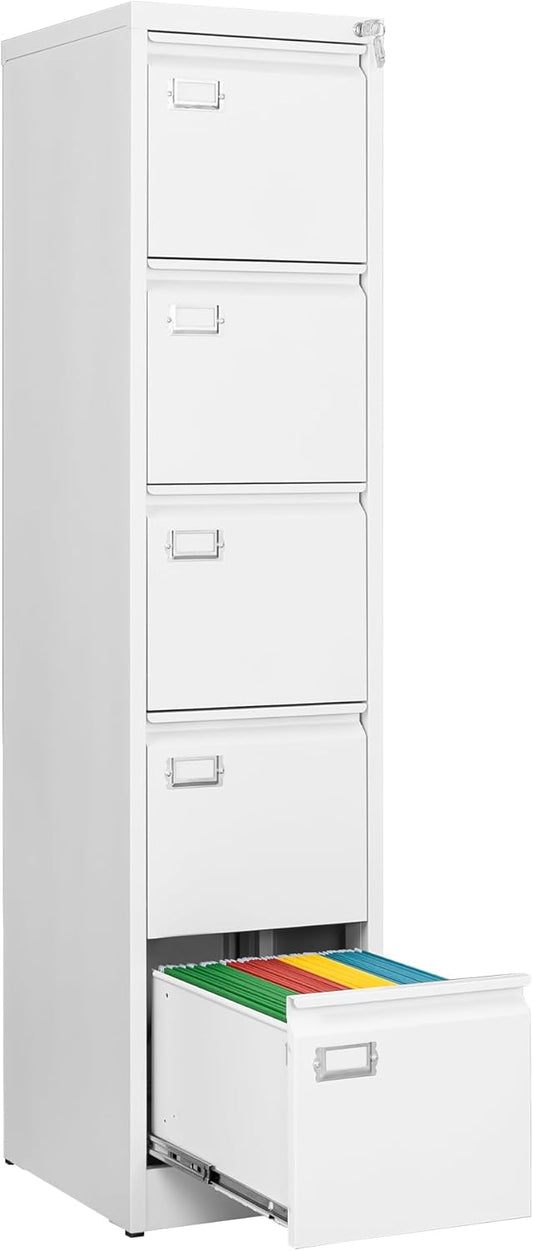 File Cabinets - 5 Drawers Vertical 17.8" Deep Lockable Filing Cabinet - White Metal Storage Cabinets for Home Office to Hanging Files Letter/Legal/F4/A4 Size