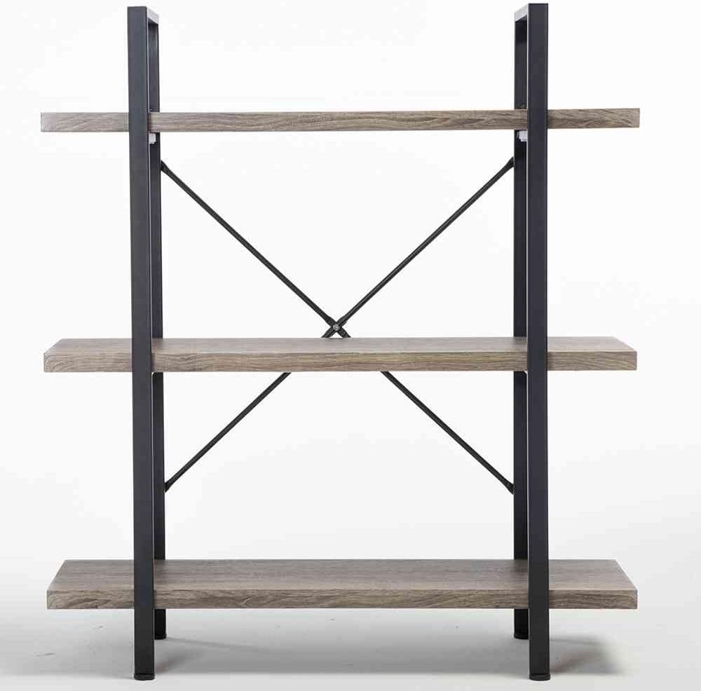 HSH 3-Shelf Bookcase, Rustic Gray 3 Tier Bookshelf, Vintage Industrial Wooden and Metal Display and Storage Bookshelves Tower for Home Office Livingroom Bedroom Light Grey Oak