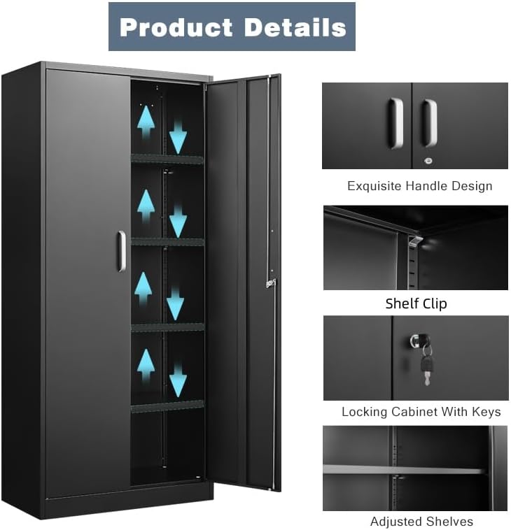 Metal Storage Cabinet with Adjustable Shelves, Garage Cabinet with 2 Lockable Doors, Garage Storage Cabinet, Kitchen Pantry Cabinet - 71'H, Black