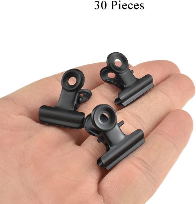 HAHIYO 0.87inch Black Bulldog Clips Metal File Hinge Binder Clips Clamps Save Space Strong Spring Jaws Rock Solid Grip Book Lay Flat Deburred Edge for Hang Photos Wall Grid Dog Food 30PCS