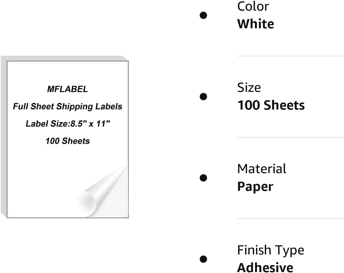 MFLABEL Full Sheet Sticker Label, Address Sticker, White Matte Label Paper, 8-1/2" x 11" Shipping Labels for Laser & Inkjet Printer (1200 Labels, 1200 Sheets)