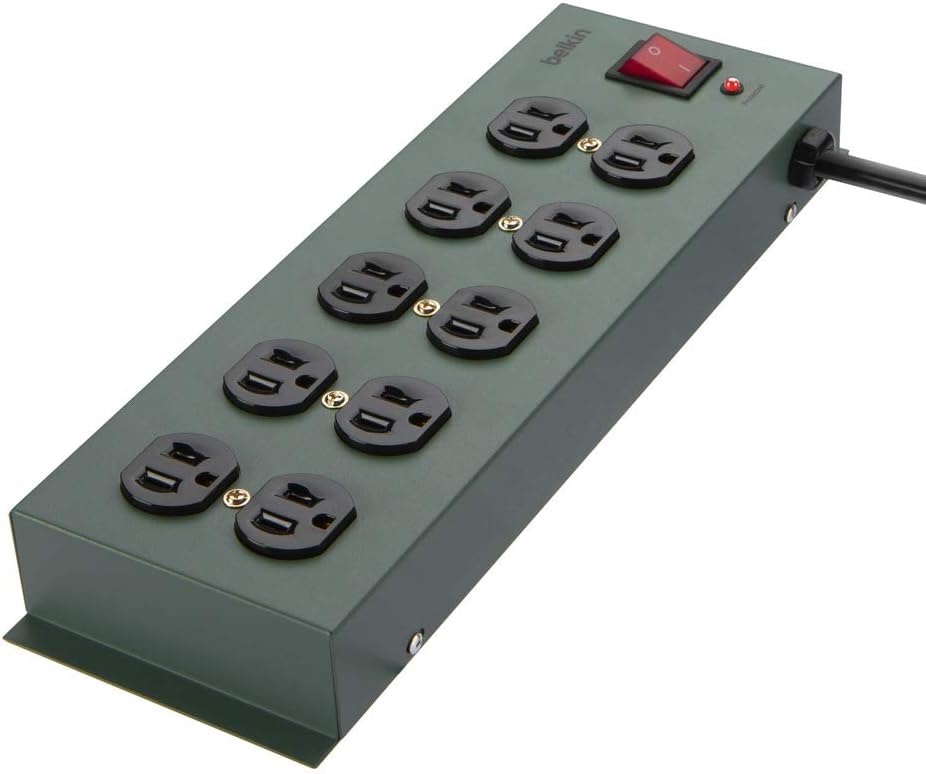 Belkin Power Strip Surge Protector - 10 AC Outlets, 15ft Heavy Duty Metal Extension Cord with Wall Mount Holes for Home, Office, Travel, Computer Desktop, Laptop & Phone Charging Brick