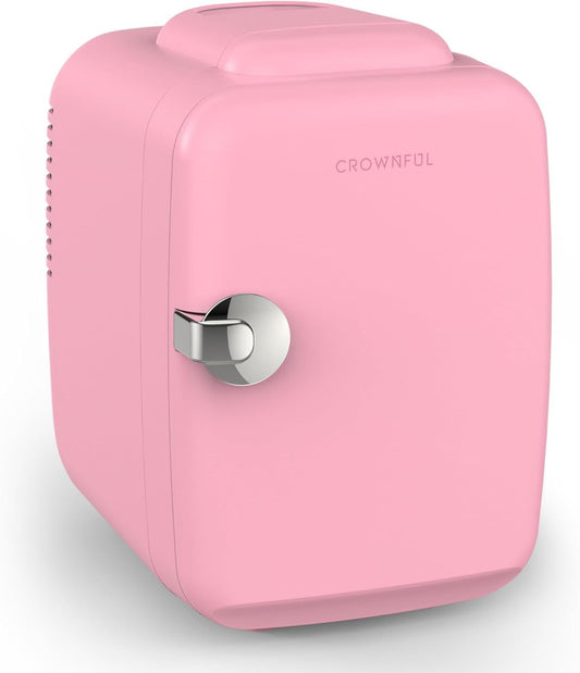 CROWNFUL Mini Fridge, 4 Liter/6 Can Portable Cooler and Warmer Personal Refrigerator for Skin Care, Cosmetics, Beverage, Food,Great for Bedroom, Office, Car, Dorm, ETL Listed (Pink)