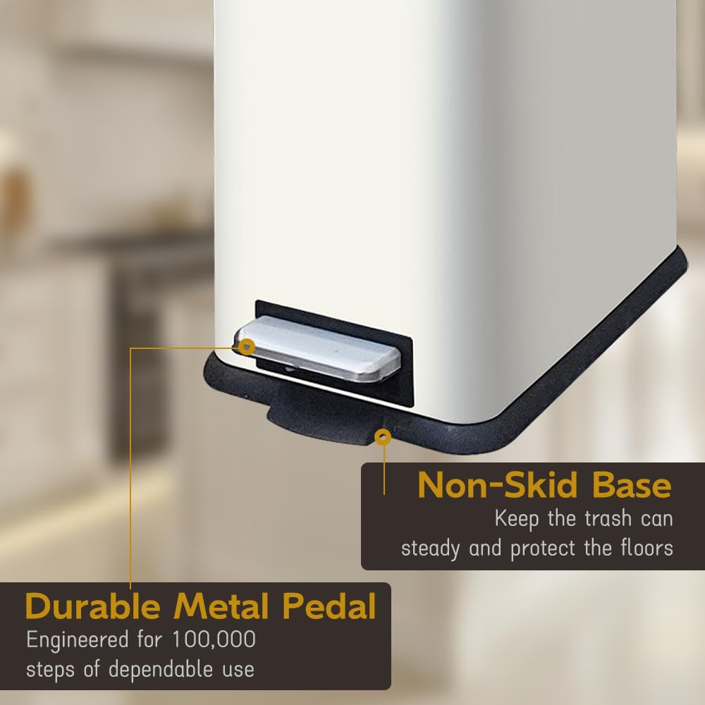 Bathroom Trash Can, 2.6 Gallon Trash Can with Lid, Stainless Steel Pedal Trash Bin with Removable Liner for Bathroom, Bedroom, Kitchen, Office,10 Liter White Garbage Can