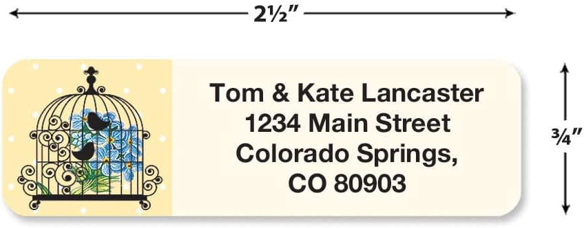 Birdcages Rolled Personalized Return Address Mailing Labels with Dispenser, Set of 500, 5 Designs, Small ¾ x 2½ Inch Size, Custom Self-Adhesive Sticker Roll, by Colorful Images