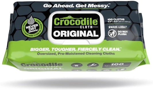 Crocodile Cloth Original Cleaning Wipes – 100 (15” x 10”) Hand & Tool Industrial Cleaning Wipes – Large Multi-Surface Cleaning Cloths, Water-Based Solution with Extreme Cleaning Power — Safe on Skin