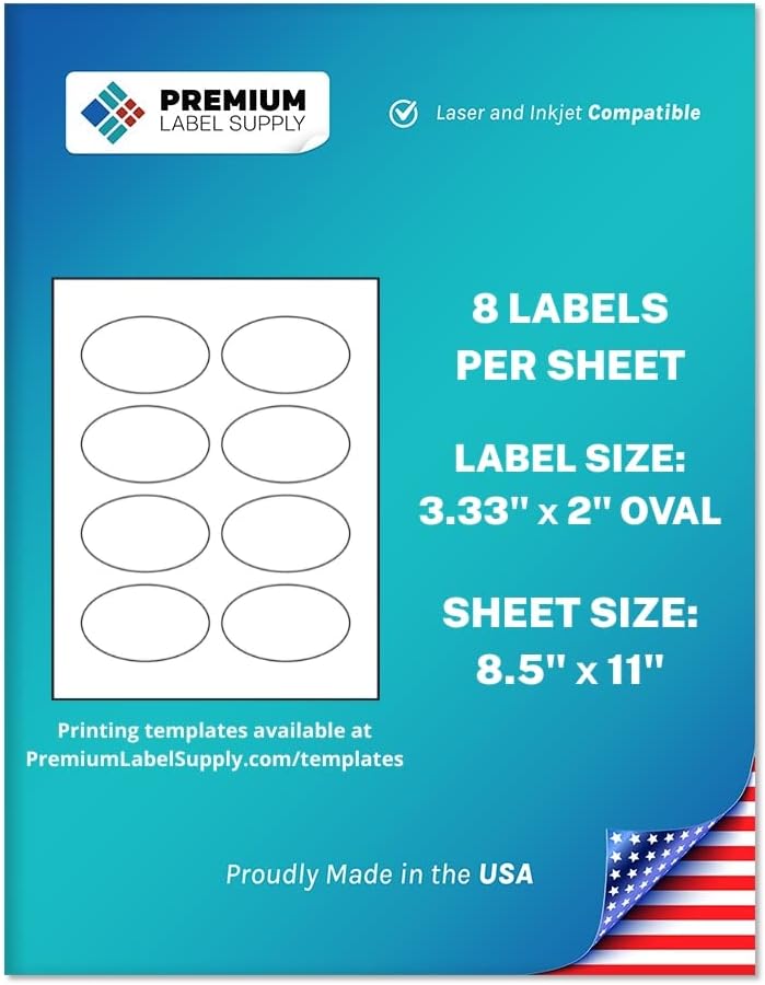 Premium Label Supply White Sticker Oval Labels – 3.33" x 2" Oval – Laser/Inkjet Compatible – (8 per Sheet), 2000 Sheets – 16,000 Total Adhesive Labels