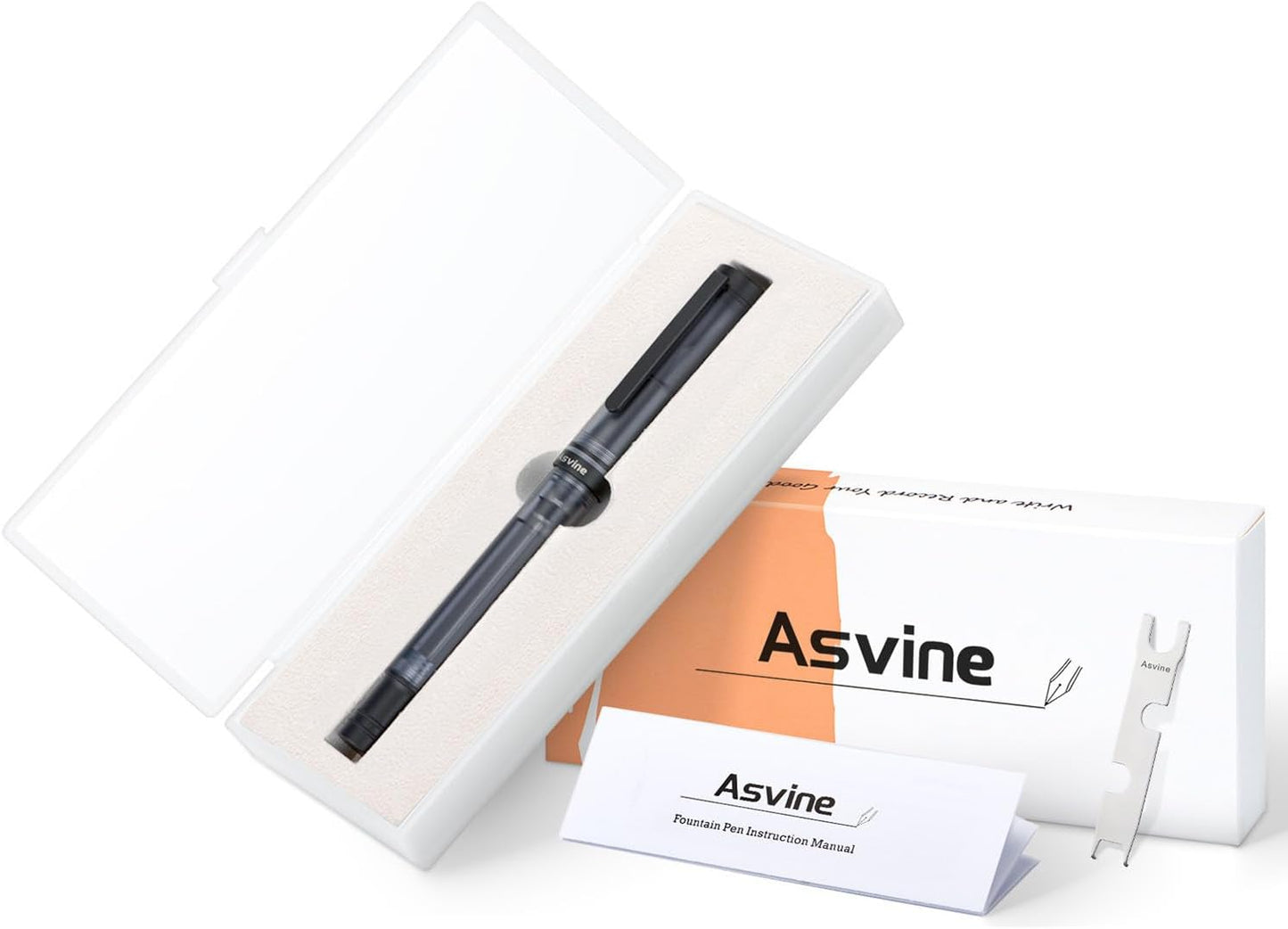 Asvine V200 Titanium Fountain Pen Vacuum Filling, Matte Black Bock Medium Nib Transparent Acrylic Smooth Writing Pen Case Set