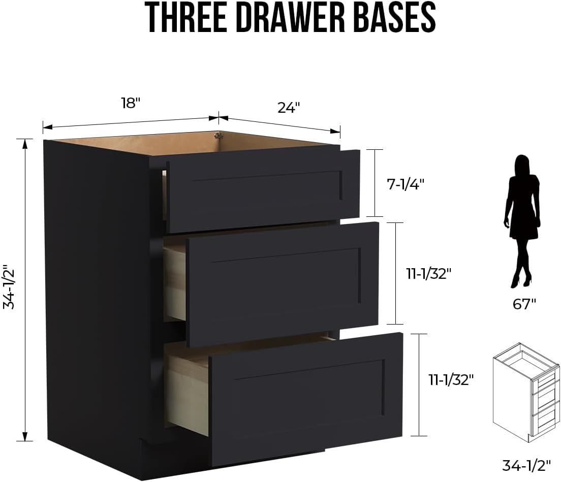 Shaker Style Charcoal Black RTA Base Cabinet -Solid Wood 3-Drawer Design with Soft Close Feature, 18" W x 24" D x 34.5" H, Perfect for Standalone Use or Kitchen Cabinet Combinations