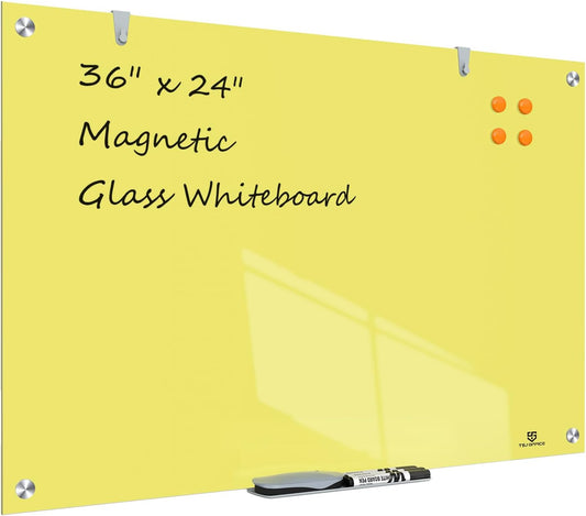 TSJ OFFICE Glass Dry-Erase Board - 36 x 24 Inches Wall Mounted Magnetic Whiteboard, Large Frameless Glass White Board for Office, Home & School, Yellow