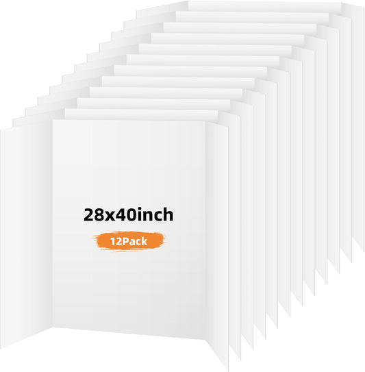 12 Pack Trifold Poster Board, 28x40 Inches White Presentation Board, Portable Display Board for Science Fair, School DIY Project and Business Exhibitions
