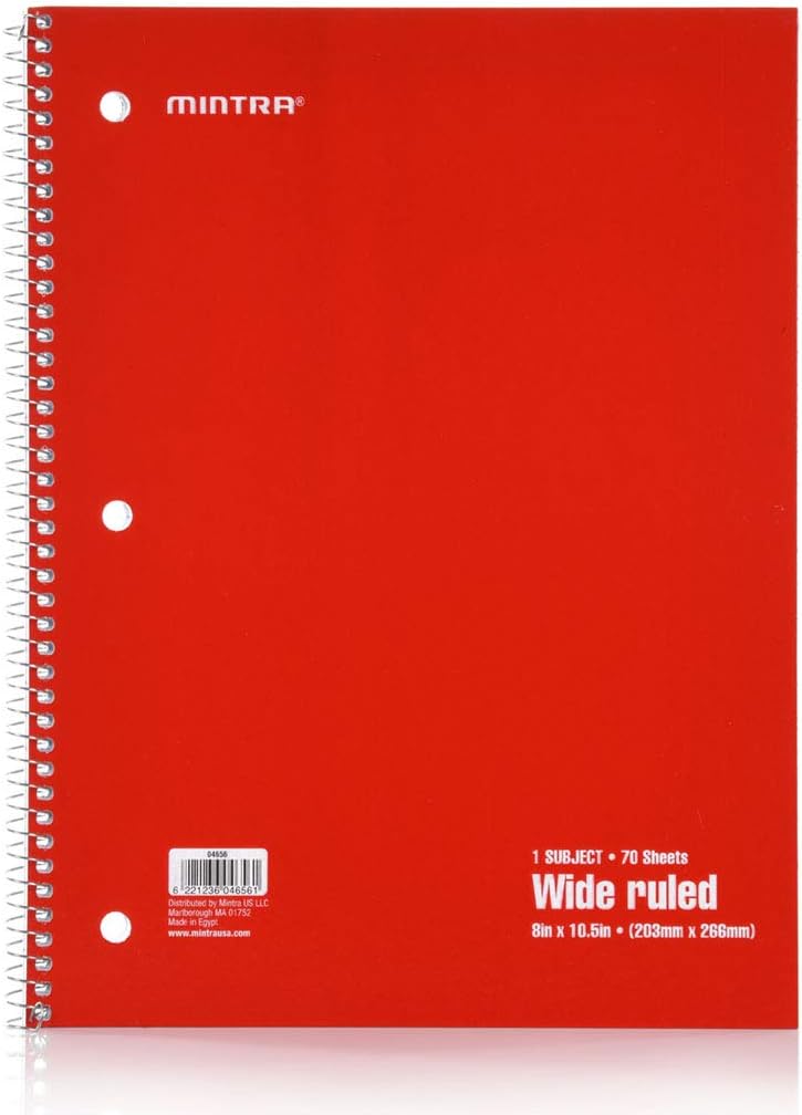 Mintra Office Spiral Notebooks - 1 Subject, 70 Sheets, WIDE Ruled, 8in x 10in, Bulk Pack, Primary Color Covers, Set of 6 - for School, Office, Business, Professional (04656)