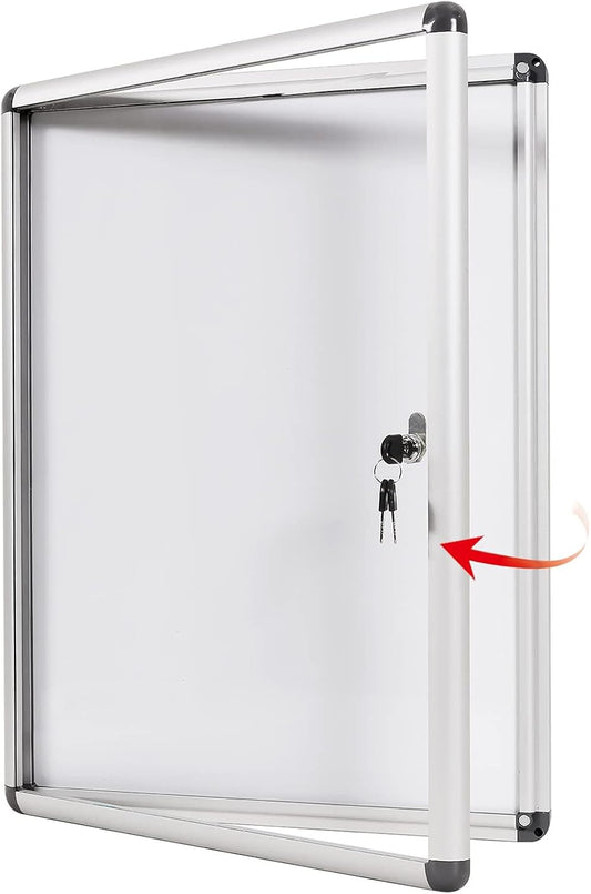 SWANCROWN Enclosed Bulletin Board Magnetic Dry Erase Noticeboard Lockable Display Boards White with Aluminium Frame 26x20inch(4xA4)
