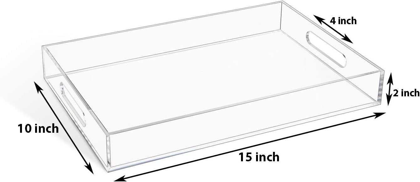 Clear Sturdy Acrylic Serving Tray with Handles-10x15Inch-Serving Coffee,Appetizer,Breakfast,Butler-Kitchen Countertop Tray-Makeup Drawer Organizer-Vanity Table Tray-Ottoman Tray-Decorative Tray