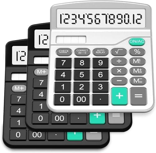 Calculator, 3 Pack Standard Functional Desktop Calculator Solar and AA Battery Dual Power Electronic Calculator with 12-Digit Large Display (2 Basic Black&1 Updated Silver)