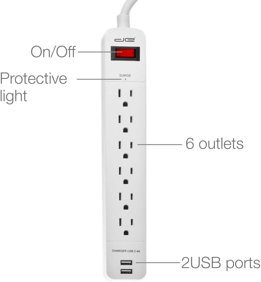 Digital Energy 6-Outlet + 2 USB 1050 Joule Surge Protector Power Strip with 15-Ft Long Extension Cord, White, UL Listed