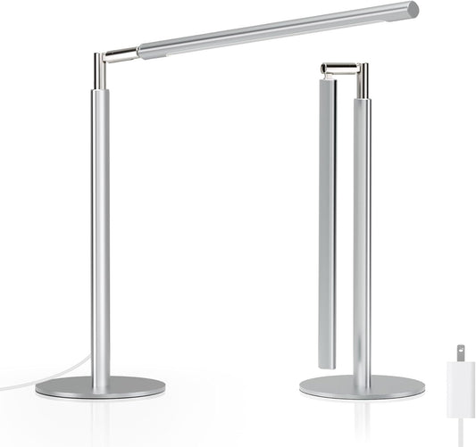 Metal Desk Lamp for Home Office - Foldable LED Table Lamp for Reading, 4 Color & 6 Brightness, 15W Dimmable Desk Light with Flexible Arm, Eye-Caring Desktop Lamp for College Dorm, Silver