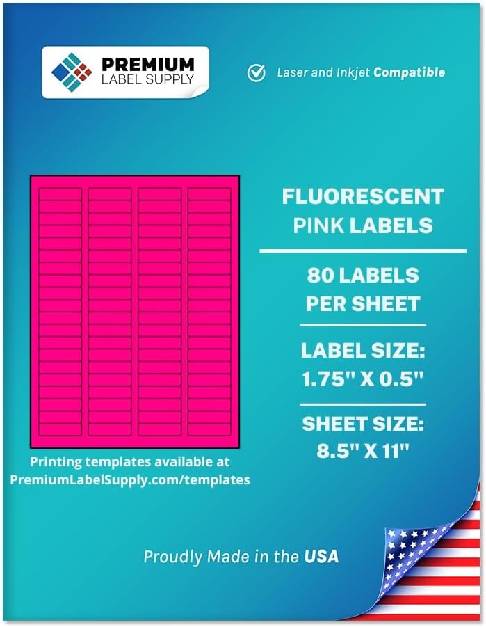 Premium Label Supply Bright Neon Color Fluorescent Sticker Labels - 1.75" x 0.5" Return Address Labels - (Fluorescent Pink, 8000 Labels)