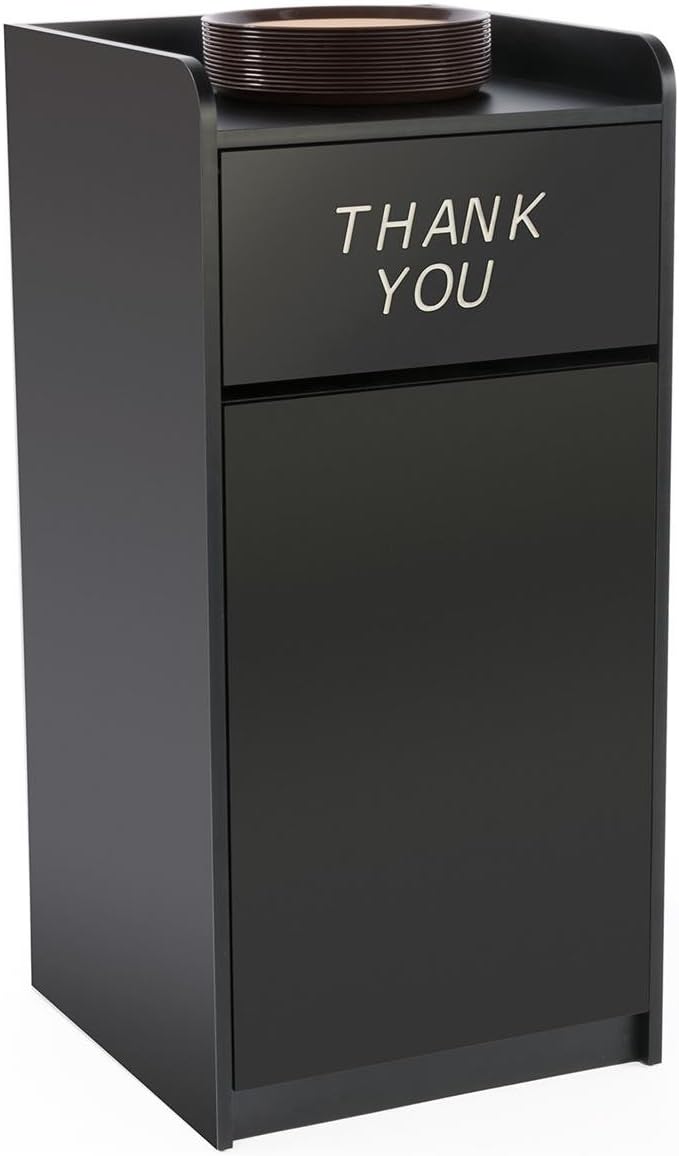 36 Gallon Restaurant Fast Food Trash Bin, Receptacle with Door, Tray Holder (Black Melamine)
