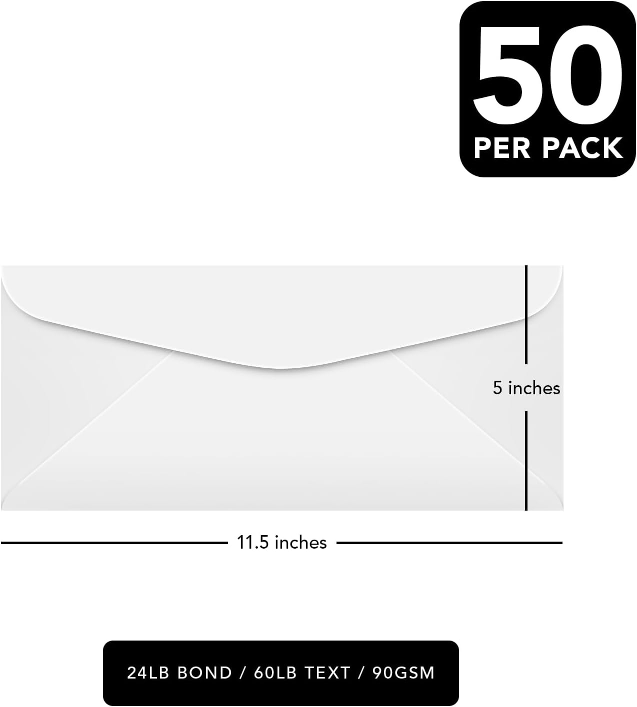 White Regular Business #14 Envelopes - Great for Mailing Letters, Business Memos, Documents, Invoices, Bills - Thick and Sturdy 24lb Stock, Strong Gummed Flap - 5" x 11-1/2" - 50 Envelopes