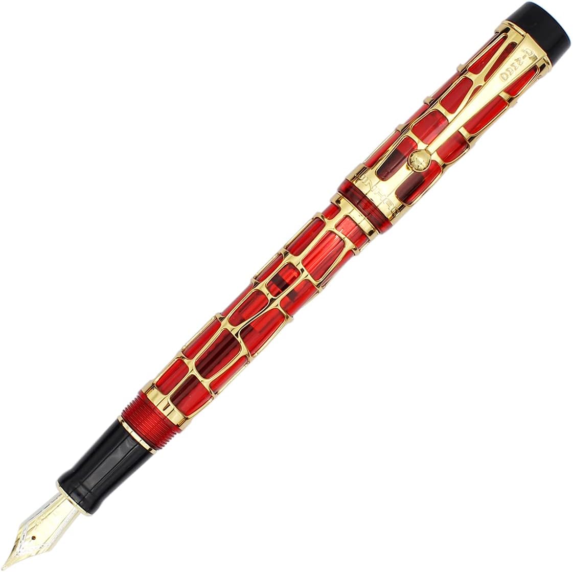Gullor Century 100 Fountain Pen, Skeleton Hollow-out Series Golden, Screw-Cap, Fine Nib, Transparent Red
