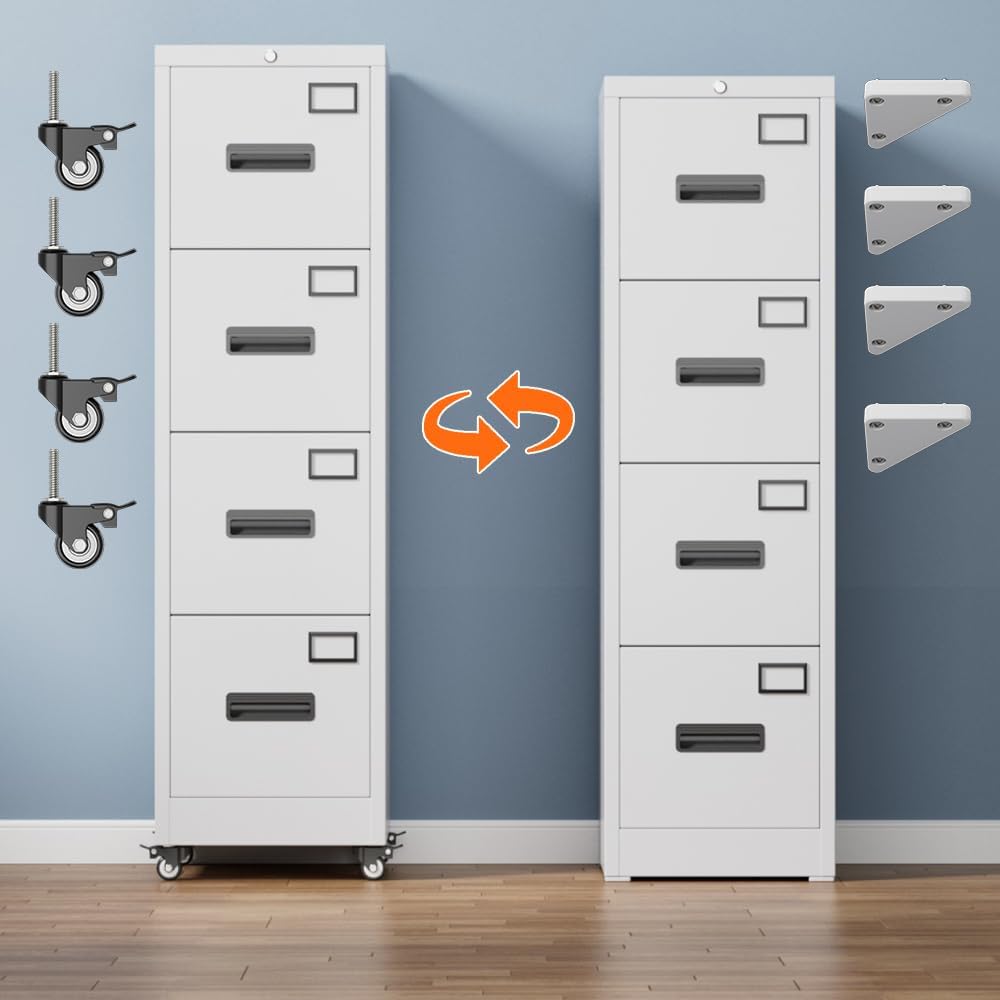 METAN 4 Drawer Vertical File Cabinet on Wheels, Lockable Office Files Storage Cabinet with Handle and Name Card,Mobile Storage Cabinet for Office and Home,Assembly Required,White