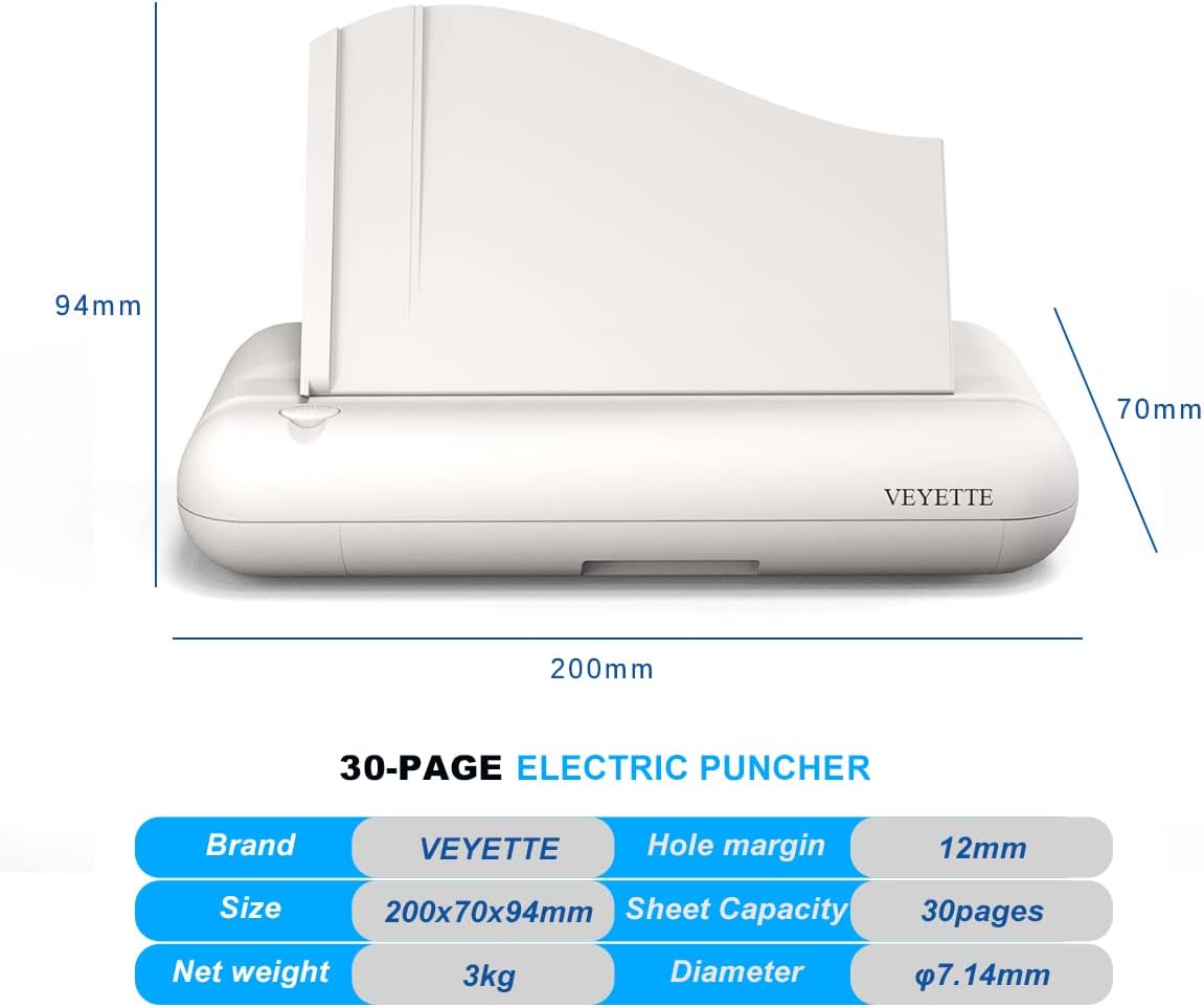 Electric 3 Hole Paper Punch, VEYETTE Heavy Duty Commercial Hole Puncher with Adapter for Office School Studio, 30 Sheet Capacity,Color Gray