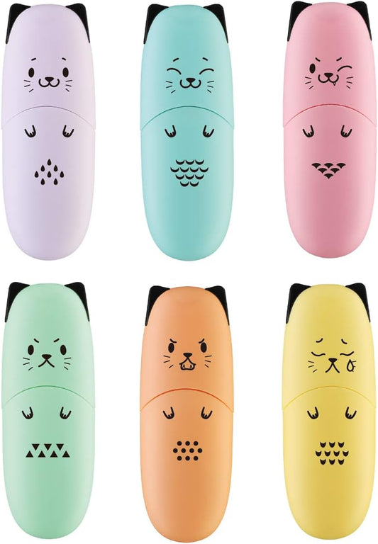 6 pieces Cat Shape Cute Mini Highlighter Pen Pastel Color Chisel Tip Kawaii Kids Stocking Stuffers Gift Highlighter Marker