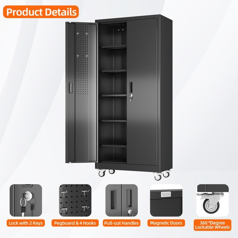 Aobabo Upgraded 71''H Metal Garage Storage Cabinet with Wheels and Door Pegboard,Steel Cabinets with 2 Doors and 5 Adjustable Shelves for Home Office,Required Assembly,Black