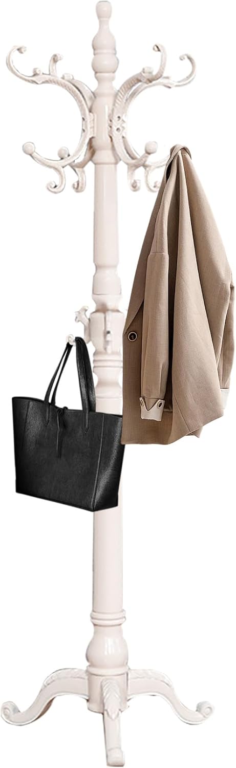 Wooden Coat Racks, Retro 78" Coat Tree with 12 Hooks & Stable Triangular Base, Entryway Coat Rack Freestanding for Hat, Clothes, Scarves, Handbags, Umbrella (Ivory)