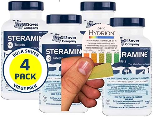 Pack of 4 (600 Tab) Steramine Sanitizing Tablets w/ 30x QT-10 Test Strips by FryOilSaver Co., Steramine Multi Purpose Contact Solution Sanitizer Tablets for Gym, Hotel, Bar, Restaurants & Food Service