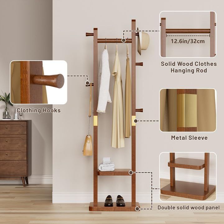 Solid Wood Coat Rack, Coat Rack Freestanding with 2 Shelves and 5 Hooks, Heavy Duty Coat Tree for Entryway，Living room，Coat Hanger Stand for Hats, Bags (Walnut Brown)