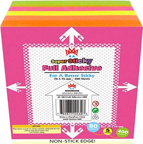 Sticky Full Adhesive Notes,3 1/3 x 3 Inches,80 Sheets/Color,Self-Stick Notes,5 Colors/Pack,400 Sheets Total,4A 303-Full Adhesive-400